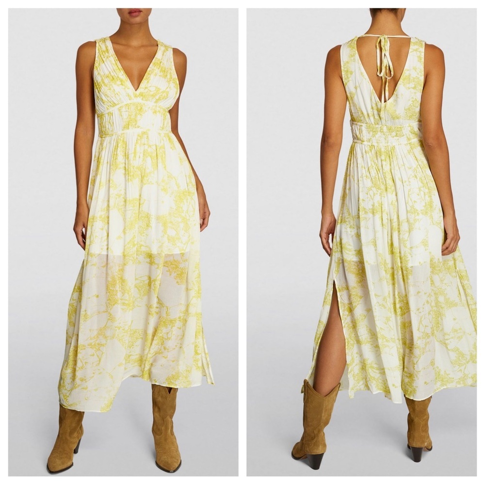 All Saints Women’s Avery Marama Maxi Dress Citrus Yellow Green Toile Pattern NWT